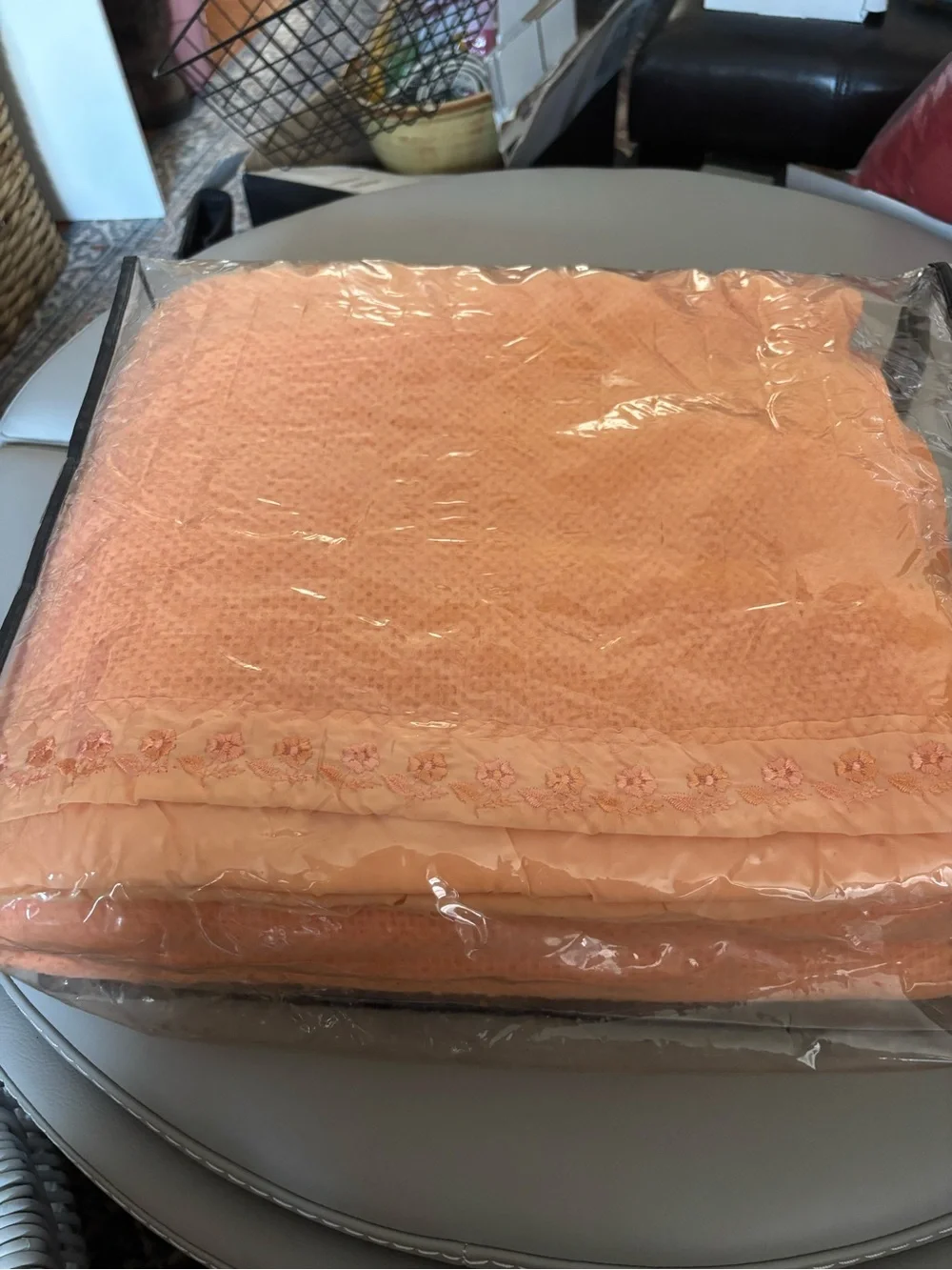 Peach Quilted Bedspread with Floral Trim - Home Bedding